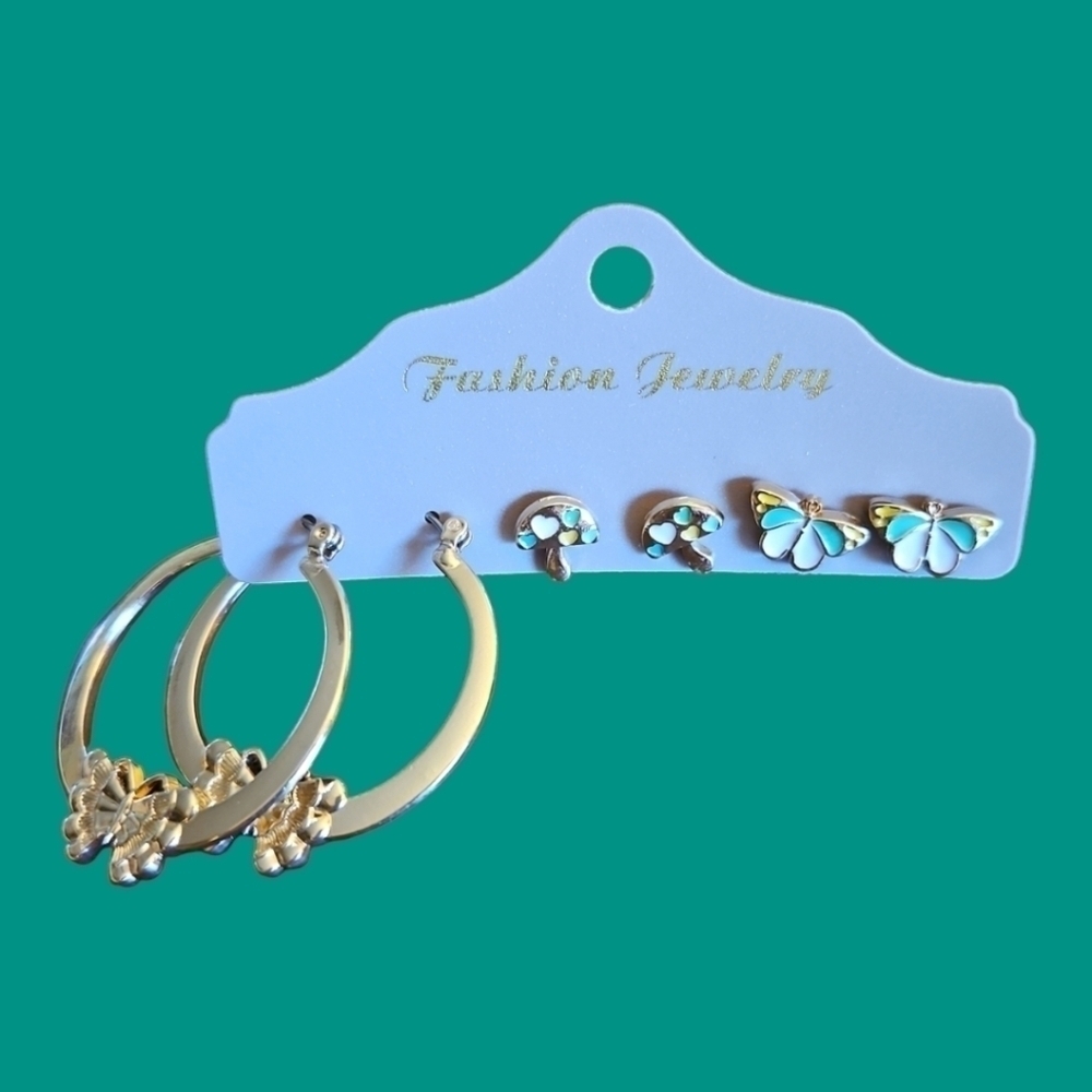 Vintage Fairycore Pink and Gold Butterfly Mushroom Hoop Post Earrings